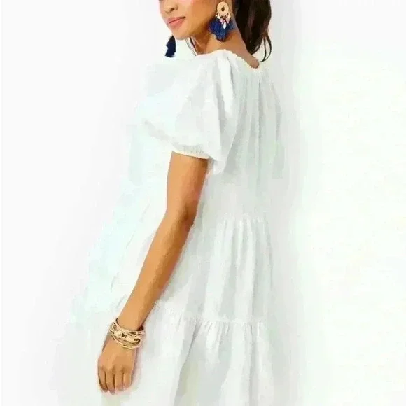 SALE Lilly Pulitzer Charlet Short Sleeve Linen Dress Party Resort White Sorority - Picture 2 of 6